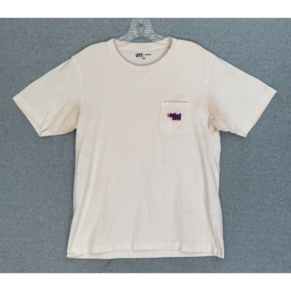 UT x Keith Haring Barking Dog Logo T-Shirt Mens Medium White Short Sleeve STAINS